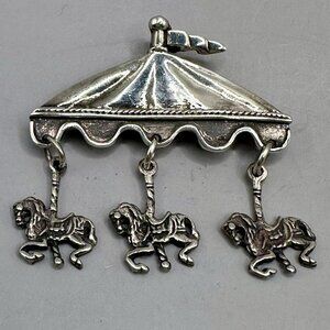Carousel Canopy Brooch 3 Dangling Horses Sterling Silver Merry-Go-Round Circus